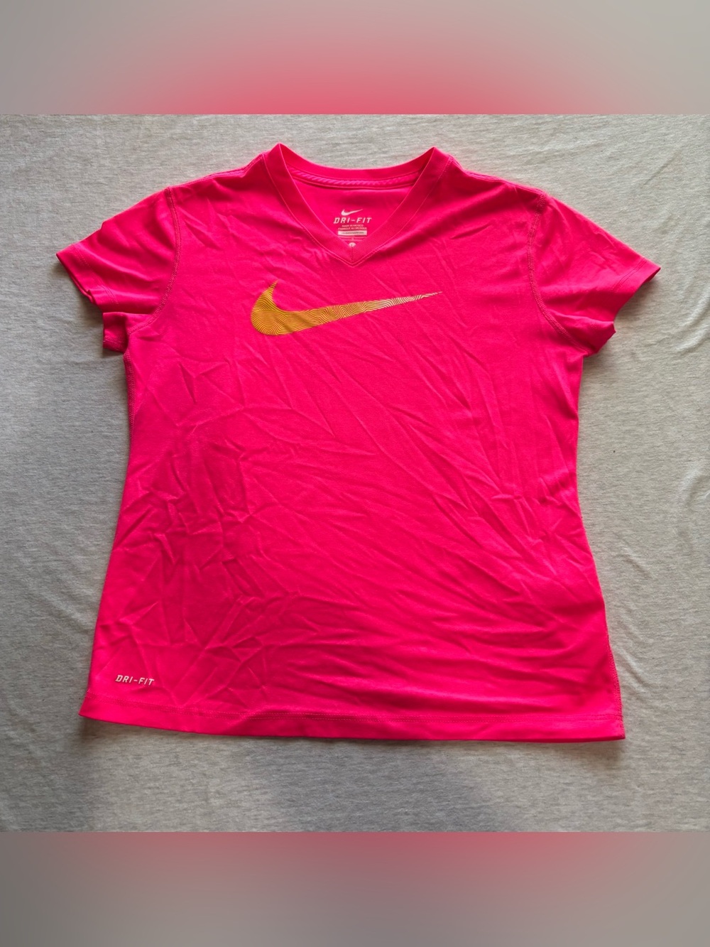 Nike Dri-FIT Kids Hot Pink Yellow Swoosh V-Neck Athletic Tee Size L